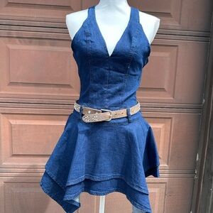 Pretty Little Thing Petite Denim Halter Fit-and-Flare Dress